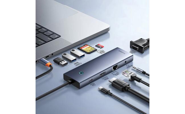 Baseus UltraJoy Series 10-Port HUB Docking Station, Type-C to HDMI, VGA, 3xUSB 3.0, PD, RJ45, SD/TF - Space Gray